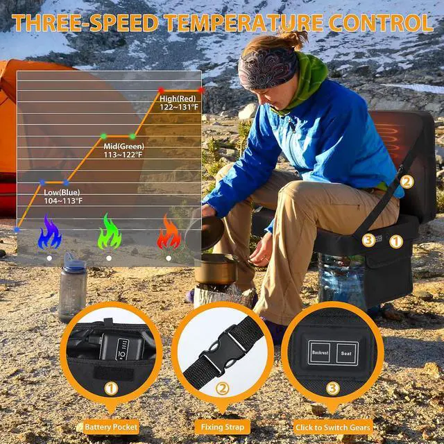 Alt view image 2 of 7 - Heated Stadium Seat, Heated Seat Cushion, Heated Bleacher Seats, Stadium Seats with Back, Foldable and Lightweight, Thick Padded with Carry Handle, 10000mAh Power Bank Included