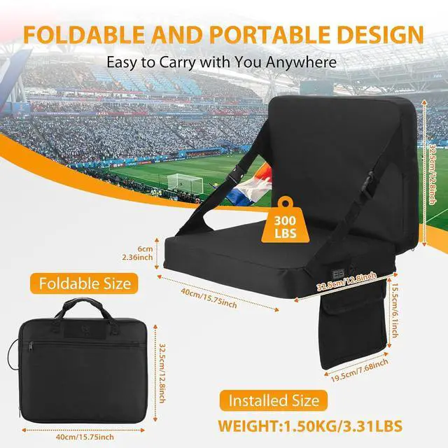 Alt view image 5 of 7 - Heated Stadium Seat, Heated Seat Cushion, Heated Bleacher Seats, Stadium Seats with Back, Foldable and Lightweight, Thick Padded with Carry Handle, 10000mAh Power Bank Included