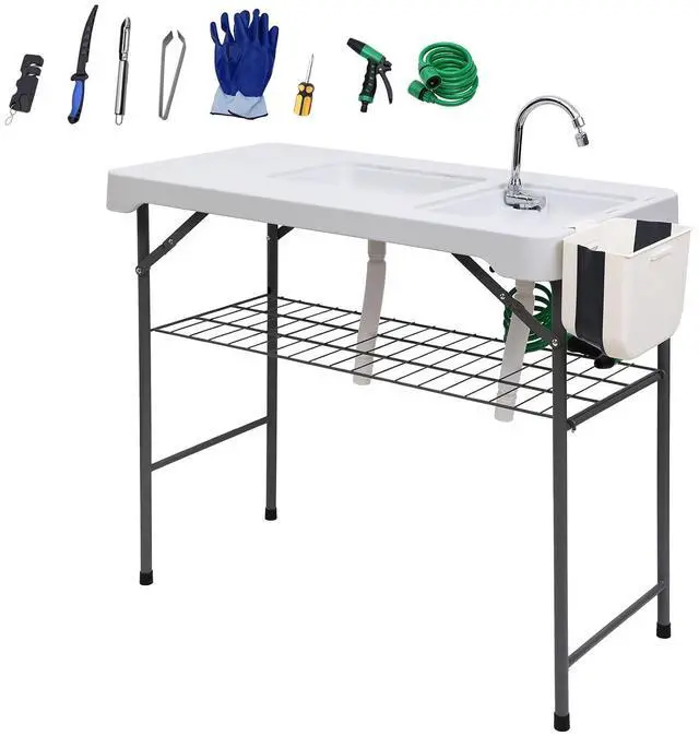 Main image of Fish Cleaning Table, Cleaning Station with Sink, Fish Skinning Tables, 42.5'' Filleting Table, Camping Sink Station with Dual Faucet & Spray, Drainage Hoses, Grid Rack, Toolkit for Picnic