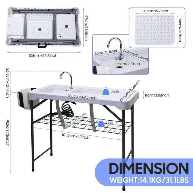 Alt view image 2 of 6 - Fish Cleaning Table, Cleaning Station with Sink, Fish Skinning Tables, 42.5'' Filleting Table, Camping Sink Station with Dual Faucet & Spray, Drainage Hoses, Grid Rack, Toolkit for Picnic