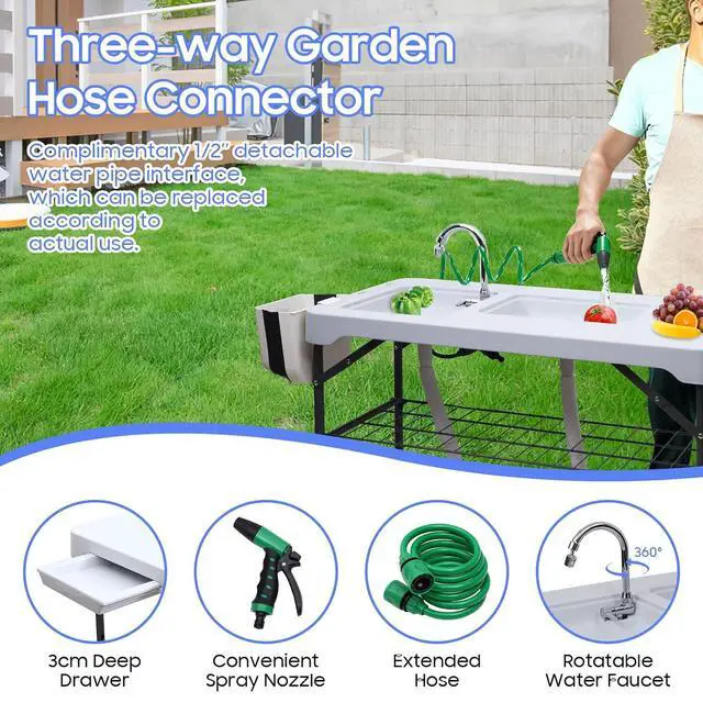Alt view image 3 of 6 - Fish Cleaning Table, Cleaning Station with Sink, Fish Skinning Tables, 42.5'' Filleting Table, Camping Sink Station with Dual Faucet & Spray, Drainage Hoses, Grid Rack, Toolkit for Picnic