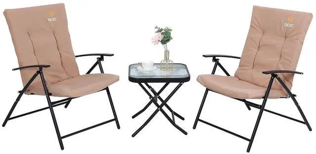 Main image of Patio Table and Chairs Set, Bistro Outdoor Table and Chairs, Bistro Set of 2, Garden Furniture Table Set, Glass Table and 2 Folding Chairs (Khaki-3 Piece)