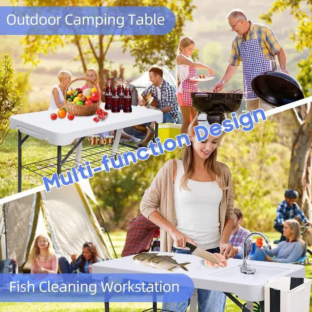 Alt view image 6 of 6 - Fish Cleaning Table, Cleaning Station with Sink, Fish Skinning Tables, 42.5'' Filleting Table, Camping Sink Station with Dual Faucet & Spray, Drainage Hoses, Grid Rack, Toolkit for Picnic