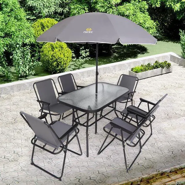 Alt view image 2 of 7 - Outdoor Dining Sets, Patio Furniture Set, 8 Piece Set with Umbrella, Garden Outdoor Furniture Table Set with Removable Umbrella, Glass Table, and 6 Folding Chairs (Grey)