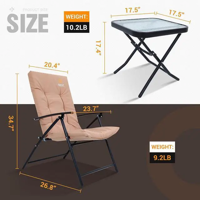 Alt view image 5 of 5 - Patio Table and Chairs Set, Bistro Outdoor Table and Chairs, Bistro Set of 2, Garden Furniture Table Set, Glass Table and 2 Folding Chairs (Khaki-3 Piece)