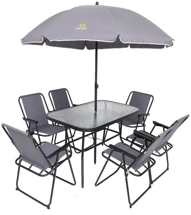 Main image of Outdoor Dining Sets, Patio Furniture Set, 8 Piece Set with Umbrella, Garden Outdoor Furniture Table Set with Removable Umbrella, Glass Table, and 6 Folding Chairs (Grey)