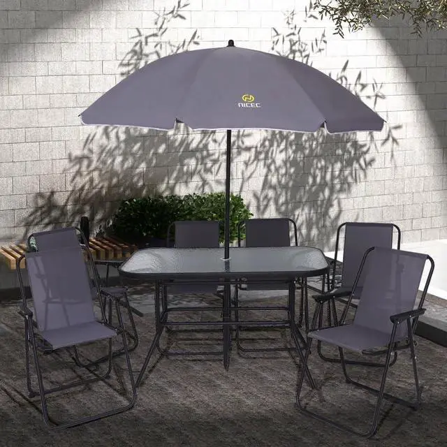 Alt view image 7 of 7 - Outdoor Dining Sets, Patio Furniture Set, 8 Piece Set with Umbrella, Garden Outdoor Furniture Table Set with Removable Umbrella, Glass Table, and 6 Folding Chairs (Grey)