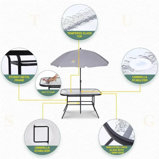 Alt view image 3 of 7 - Outdoor Dining Sets, Patio Furniture Set, 8 Piece Set with Umbrella, Garden Outdoor Furniture Table Set with Removable Umbrella, Glass Table, and 6 Folding Chairs (Grey)
