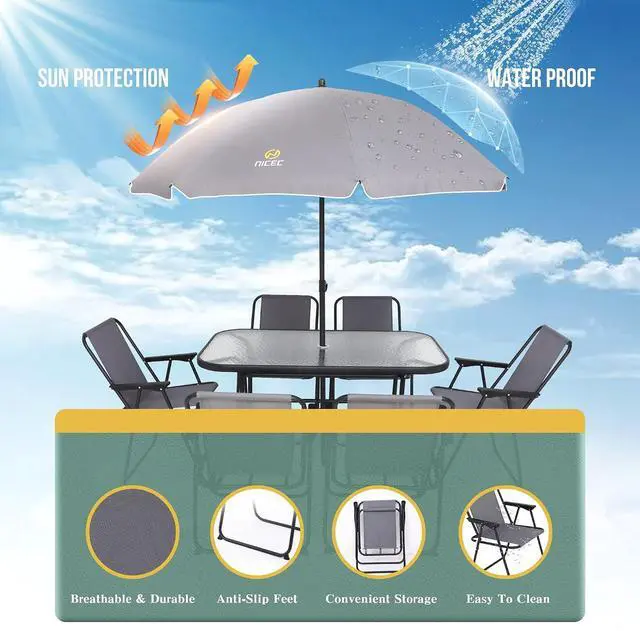 Alt view image 4 of 7 - Outdoor Dining Sets, Patio Furniture Set, 8 Piece Set with Umbrella, Garden Outdoor Furniture Table Set with Removable Umbrella, Glass Table, and 6 Folding Chairs (Grey)