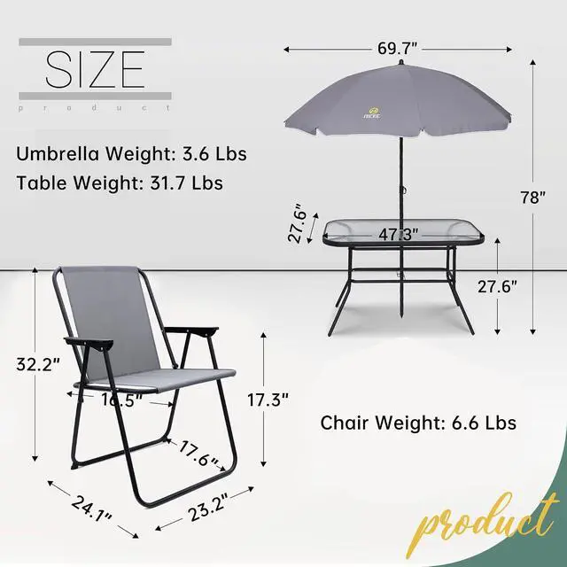 Alt view image 6 of 7 - Outdoor Dining Sets, Patio Furniture Set, 8 Piece Set with Umbrella, Garden Outdoor Furniture Table Set with Removable Umbrella, Glass Table, and 6 Folding Chairs (Grey)