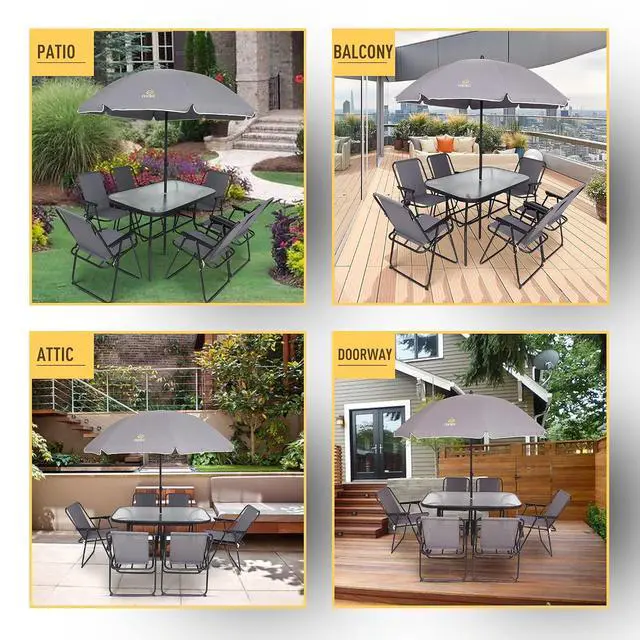Alt view image 5 of 7 - Outdoor Dining Sets, Patio Furniture Set, 8 Piece Set with Umbrella, Garden Outdoor Furniture Table Set with Removable Umbrella, Glass Table, and 6 Folding Chairs (Grey)