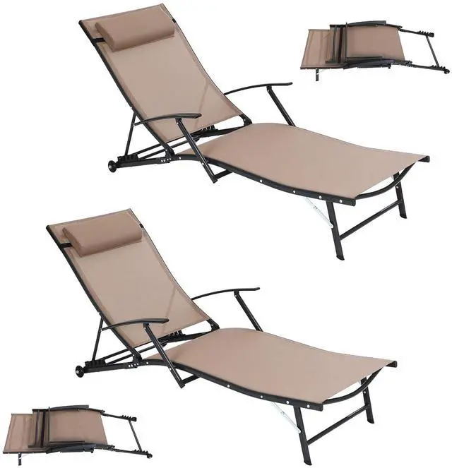 Main image of Patio Chaise Lounge with Wheel, Outdoor Lounge with Armrest for Pool, 5 Reclining Positions, with Rolling Wheel for Poolside, Beach, Backyard, Patio (Set of 2, Beige)