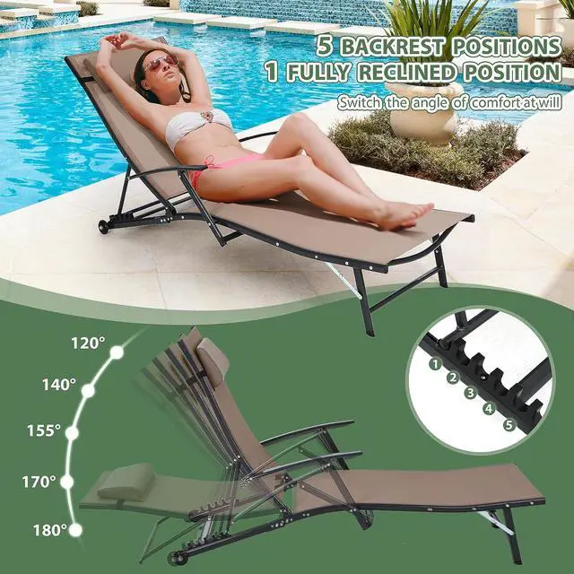 Alt view image 3 of 7 - Patio Chaise Lounge with Wheel, Outdoor Lounge with Armrest for Pool, 5 Reclining Positions, with Rolling Wheel for Poolside, Beach, Backyard, Patio (Set of 2, Beige)