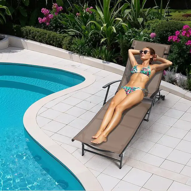 Alt view image 2 of 7 - Patio Chaise Lounge with Wheel, Outdoor Lounge with Armrest for Pool, 5 Reclining Positions, with Rolling Wheel for Poolside, Beach, Backyard, Patio (Set of 2, Beige)