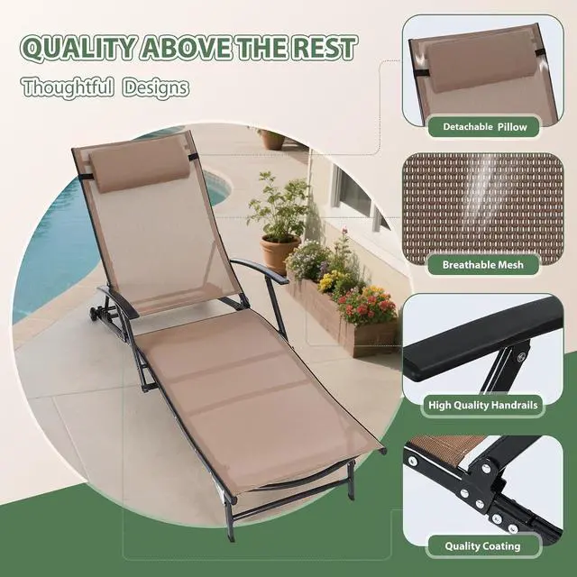 Alt view image 5 of 7 - Patio Chaise Lounge with Wheel, Outdoor Lounge with Armrest for Pool, 5 Reclining Positions, with Rolling Wheel for Poolside, Beach, Backyard, Patio (Set of 2, Beige)