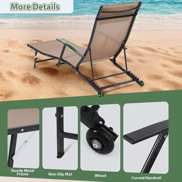 Alt view image 6 of 7 - Patio Chaise Lounge with Wheel, Outdoor Lounge with Armrest for Pool, 5 Reclining Positions, with Rolling Wheel for Poolside, Beach, Backyard, Patio (Set of 2, Beige)