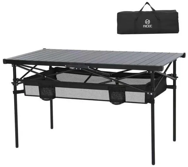 Main image of Portable Folding Camping Table, Aluminum Lightweight Roll-up Top Indoor&Outdoor Collapsible Table, with Mesh Net, Cup Holder, Carry Bag, Steel Frame, for Camping, Sports, BBQ, Picnic (Black)