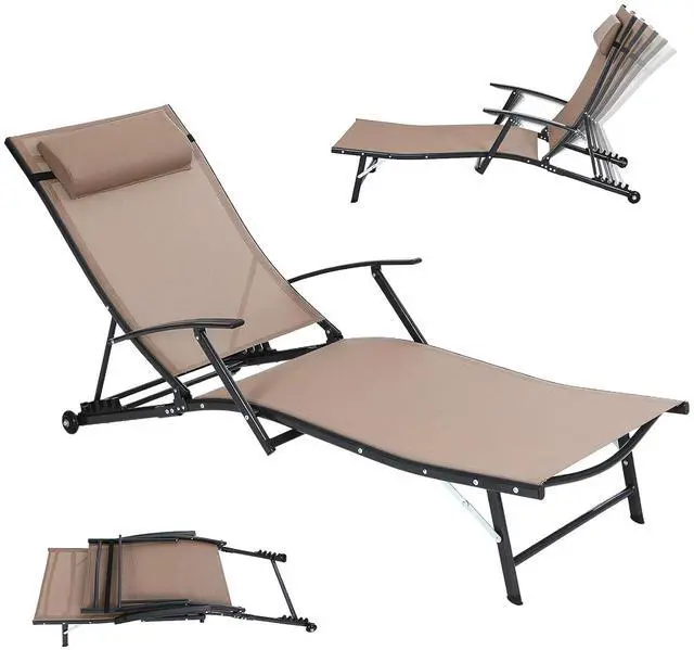 Main image of Patio Chaise Lounge with Wheel, Outdoor Lounge with Armrest for Pool, 5 Reclining Positions, with Rolling Wheel for Poolside, Beach, Backyard, Patio (1 Pack, Beige)