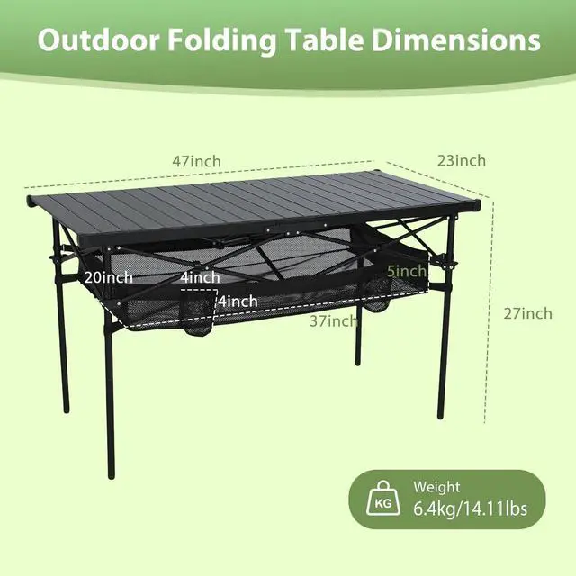Alt view image 3 of 7 - Portable Folding Camping Table, Aluminum Lightweight Roll-up Top Indoor&Outdoor Collapsible Table, with Mesh Net, Cup Holder, Carry Bag, Steel Frame, for Camping, Sports, BBQ, Picnic (Black)