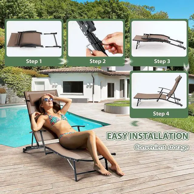 Alt view image 7 of 7 - Patio Chaise Lounge with Wheel, Outdoor Lounge with Armrest for Pool, 5 Reclining Positions, with Rolling Wheel for Poolside, Beach, Backyard, Patio (Set of 2, Beige)