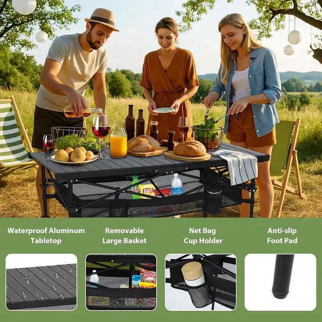 Alt view image 4 of 7 - Portable Folding Camping Table, Aluminum Lightweight Roll-up Top Indoor&Outdoor Collapsible Table, with Mesh Net, Cup Holder, Carry Bag, Steel Frame, for Camping, Sports, BBQ, Picnic (Black)