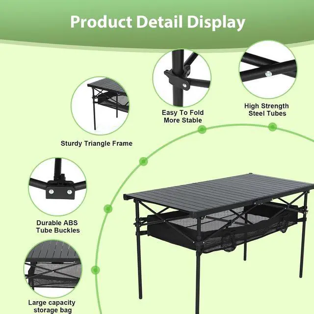 Alt view image 5 of 7 - Portable Folding Camping Table, Aluminum Lightweight Roll-up Top Indoor&Outdoor Collapsible Table, with Mesh Net, Cup Holder, Carry Bag, Steel Frame, for Camping, Sports, BBQ, Picnic (Black)