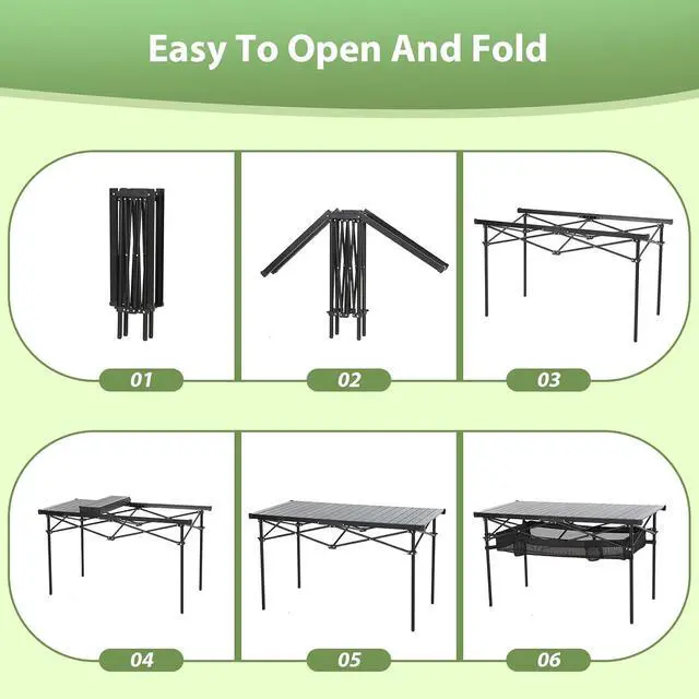 Alt view image 6 of 7 - Portable Folding Camping Table, Aluminum Lightweight Roll-up Top Indoor&Outdoor Collapsible Table, with Mesh Net, Cup Holder, Carry Bag, Steel Frame, for Camping, Sports, BBQ, Picnic (Black)