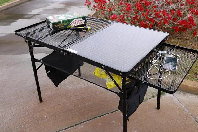 Alt view image 2 of 7 - Camping Table, Ourdoor Folding Grill Table, Tailgate Tables, Solar Panel Tables with USB Type-C&DC Charging Cable, 42W Portable Solar Charger, 2 Side Shelves, with Mesh Net&Cup Holders