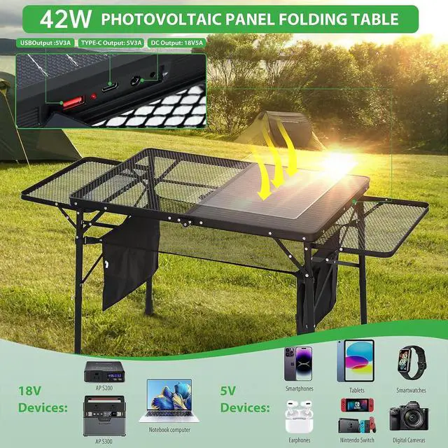 Alt view image 5 of 7 - Portable Folding Camp Cook Station, with Light Poles, Storage, Side Bag, Hooks Solar Panel Tables with USB, Type-C&DC Charging Cable