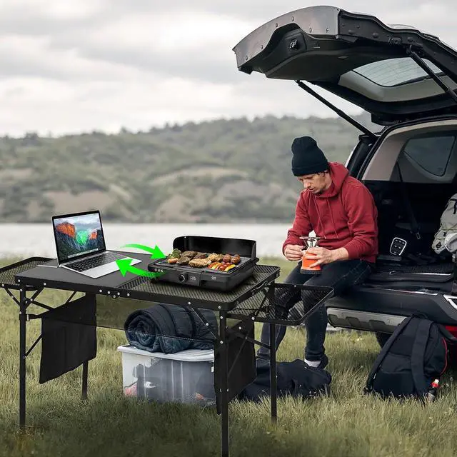 Alt view image 2 of 7 - Portable Folding Camp Cook Station, with Light Poles, Storage, Side Bag, Hooks Solar Panel Tables with USB, Type-C&DC Charging Cable