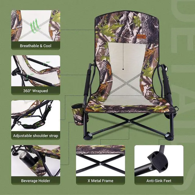 Alt view image 7 of 7 - Hunting Chair, Low Camping Chairs, Turkey Hunting Strutter Chair, Folding Backpacking with Cup Holder & Carry Strap Compact & Heavy Duty, Travel, Picnic (1 Pack)