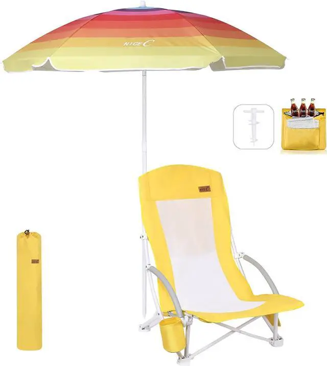 Main image of Beach Chair with Umbrella and Cooler + Low Beach Chair 2 Pack Orange