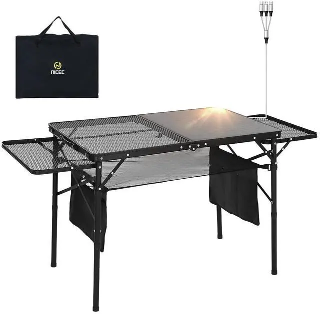 Alt view image 4 of 7 - Portable Folding Camp Cook Station, with Light Poles, Storage, Side Bag, Hooks Solar Panel Tables with USB, Type-C&DC Charging Cable