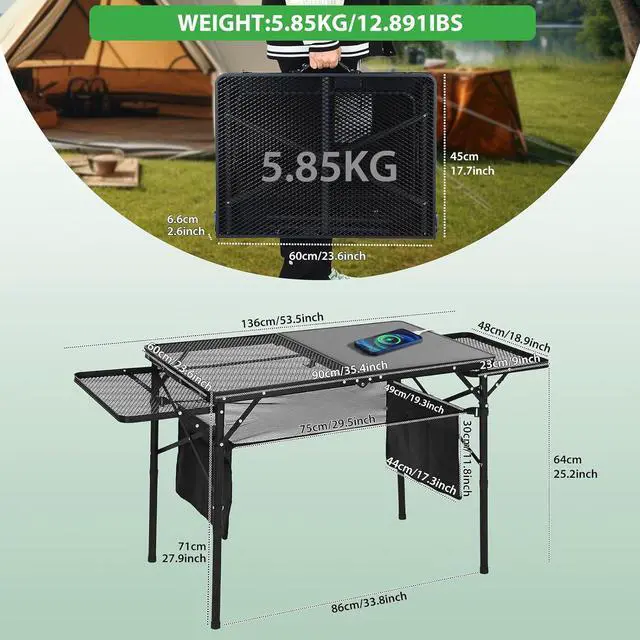 Alt view image 3 of 7 - Portable Folding Camp Cook Station, with Light Poles, Storage, Side Bag, Hooks Solar Panel Tables with USB, Type-C&DC Charging Cable