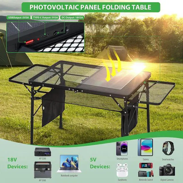 Alt view image 7 of 7 - Camping Table, Grill Table, Tailgate Table, Solar Panel Table, w/USB, Type-C&DC Outlets for Phone+Camping Table, Folding Table Height Adjustable, Camp Table, Storage Kitchen Table