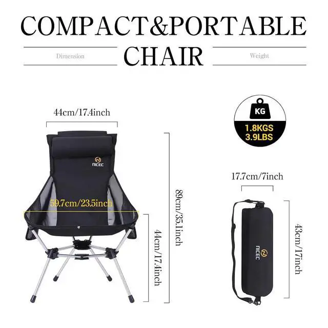 Alt view image 3 of 6 - Ultralight High Back Fold Camp Chair, Compact Collapsible Backpack Hiking Festival Carry Chair, Heavy Duty Outdoor, Travel, Picnic, with 2 Side Pockets, Pillow, Carry Bag (2 Black)