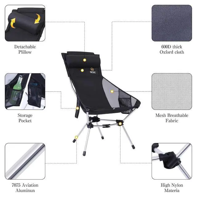 Alt view image 4 of 6 - Ultralight High Back Fold Camp Chair, Compact Collapsible Backpack Hiking Festival Carry Chair, Heavy Duty Outdoor, Travel, Picnic, with 2 Side Pockets, Pillow, Carry Bag (2 Black)