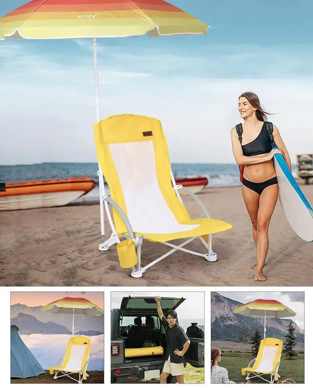 Alt view image 5 of 7 - 2 Pack Yellow High Back Beach Chair with Umbrella and Cooler + 2 Pack Low Beach Chair