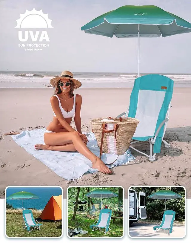 Alt view image 7 of 7 - 2 Pack Beach Chair with Umbrella & Cooler + 2 Pack Low Sand Beach Chair
