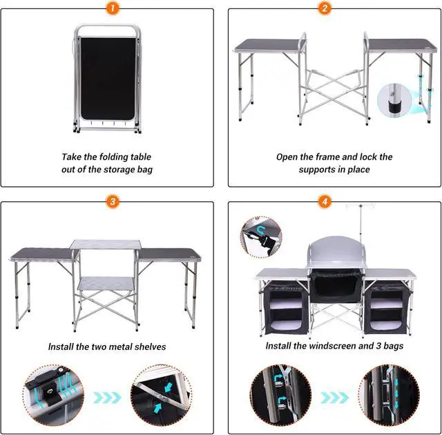 Alt view image 3 of 6 - Camping Wind Screen, 4 Panels Beach Garden Wind Blocker Breaker, Privacy Sunbathing, Clam Screen Porch & Camping Kitchen Table, Folding Cook Table, Upgrade Light Stand and Windshield Cook Station