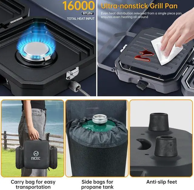 Alt view image 3 of 6 - Camping Kitchen Table, Folding Cook Table, Upgrade Light Stand and Windshield Cook Station & Camping Stove, Portable Camping Stove Propane, 2 Burner Propane Gas Stove, Mini Propane Grill