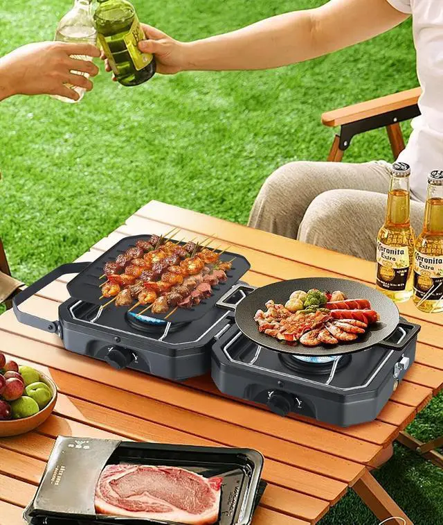 Alt view image 2 of 6 - Camping Kitchen Table, Folding Cook Table, Upgrade Light Stand and Windshield Cook Station & Camping Stove, Portable Camping Stove Propane, 2 Burner Propane Gas Stove, Mini Propane Grill