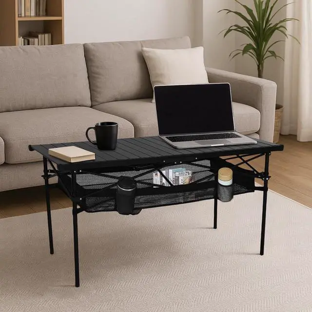 Alt view image 2 of 6 - Aluminum Square Side Table, Adjustable Height Compact Camping Table, Lightweight Collapsible Table with Roll-up Tabletop &Portable Folding Camping Table, Aluminum Lightweight Roll-up Top Table