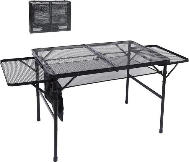 Alt view image 3 of 6 - Portable Folding Camping Table, Aluminum Lightweight Roll-up Top Collapsible Table & Folding Grill Table, Camping Tailgate Metal Table, 2 Tier Mesh Grill Station