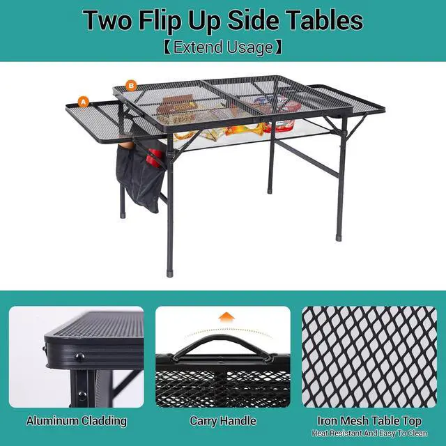 Alt view image 5 of 6 - Portable Folding Camping Table, Aluminum Lightweight Roll-up Top Collapsible Table & Folding Grill Table, Camping Tailgate Metal Table, 2 Tier Mesh Grill Station