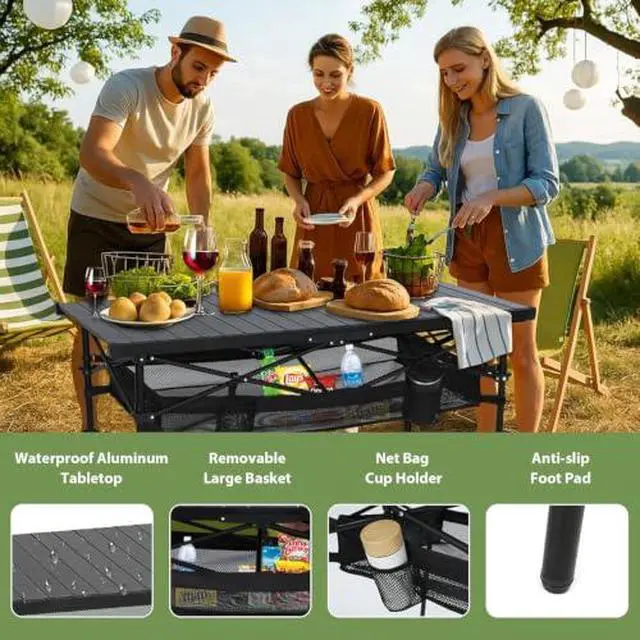 Alt view image 5 of 5 - Camping Wind Screen, 4 Panels Beach Garden Wind Blocker Breaker, Privacy Sunbathing, Clam Screen Porch & Portable Camping Table, Aluminum Lightweight Roll-up Top Indoor&Outdoor Collapsible Table