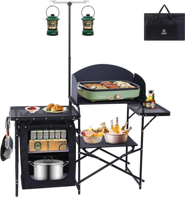 Alt view image 2 of 6 - Camping Table, Tailgate Grill Table, Outdoor Metal Tables, Fold Up Lightweight with 4 Side Tables & Camping Kitchen Station, Picnic Portable Grill Table, Folding Cook Station Organizers