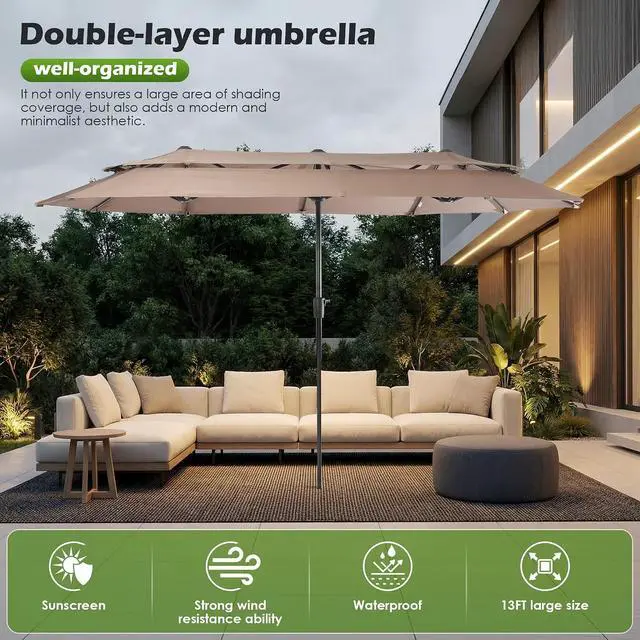 Alt view image 2 of 7 - 13-15FT Large Double Sided Patio Umbrella, Double Layer Market Rectangle Umbrella, Large Deck Umbrella With Crank For Outdoor Poolside Backyard Pool Garden