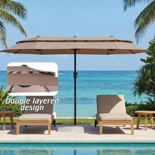 Alt view image 7 of 7 - 13-15FT Large Double Sided Patio Umbrella, Double Layer Market Rectangle Umbrella, Large Deck Umbrella With Crank For Outdoor Poolside Backyard Pool Garden