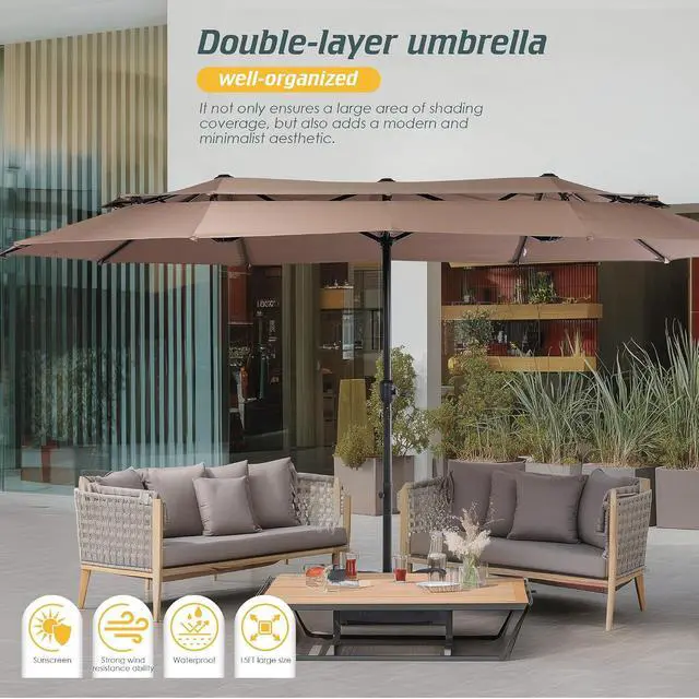 Alt view image 2 of 7 - 13-15FT Large Double Sided Patio Umbrella, Double Layer Market Rectangle Umbrella, Large Deck Umbrella With Crank For Outdoor Poolside Backyard Pool Garden